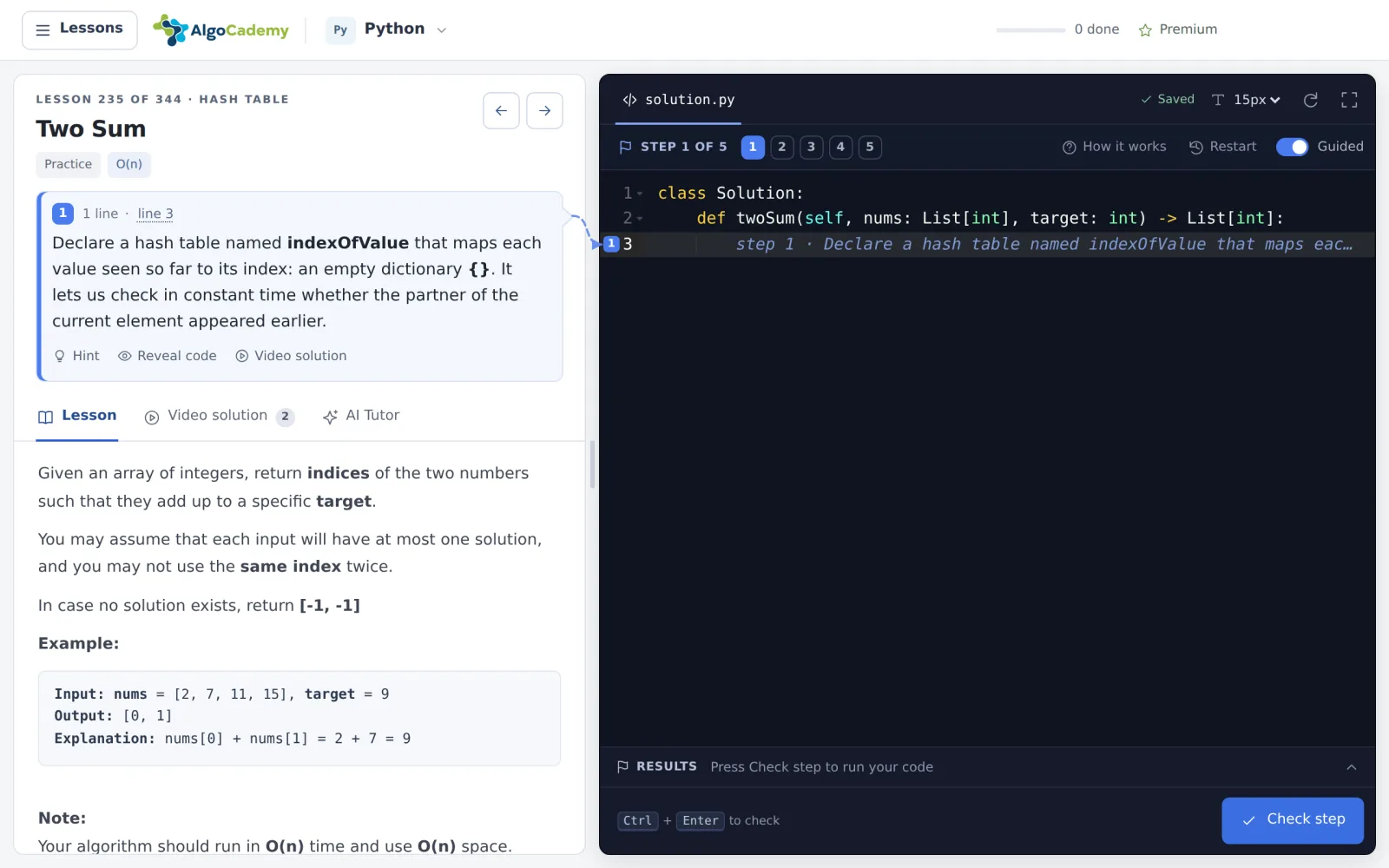 A lesson in the AlgoCademy app: the step to write, the editor and Check step