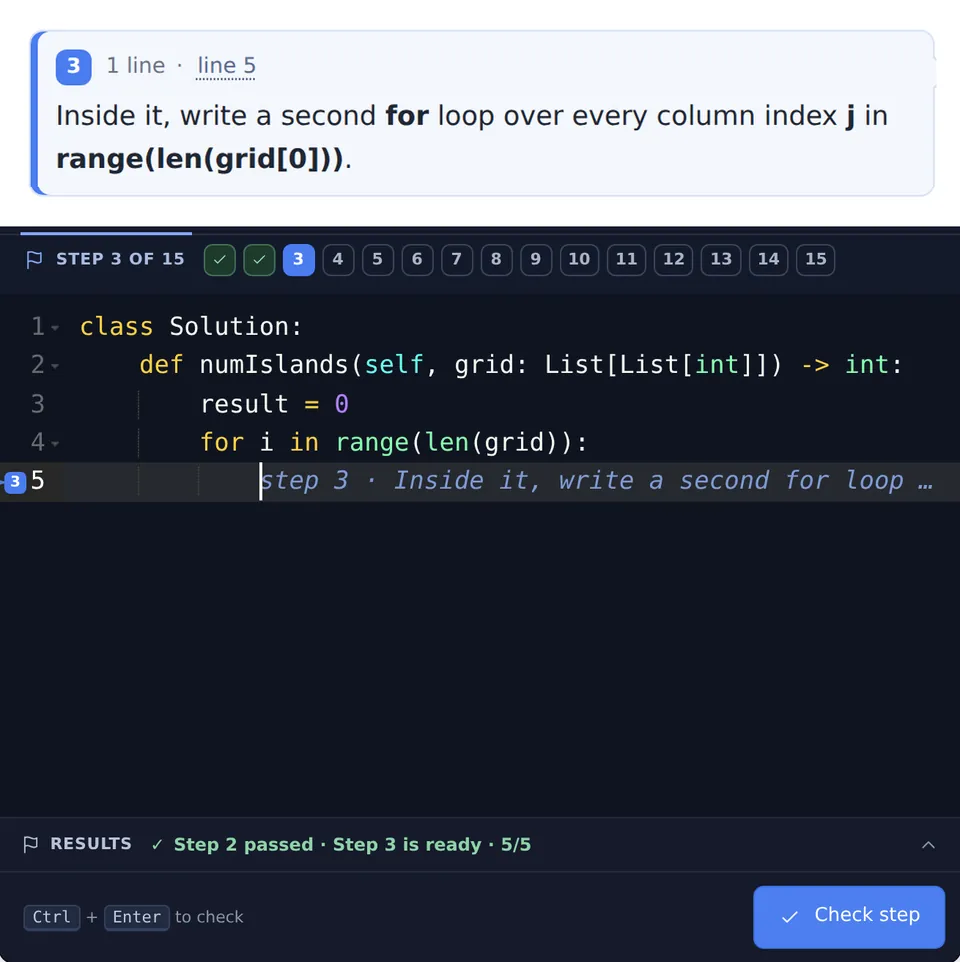 A lesson in AlgoCademy: the step to write, the line typed in the editor and checked, Step 3 passed; then a typo, the error pointing at its line, the fix, and Step 4 passed.