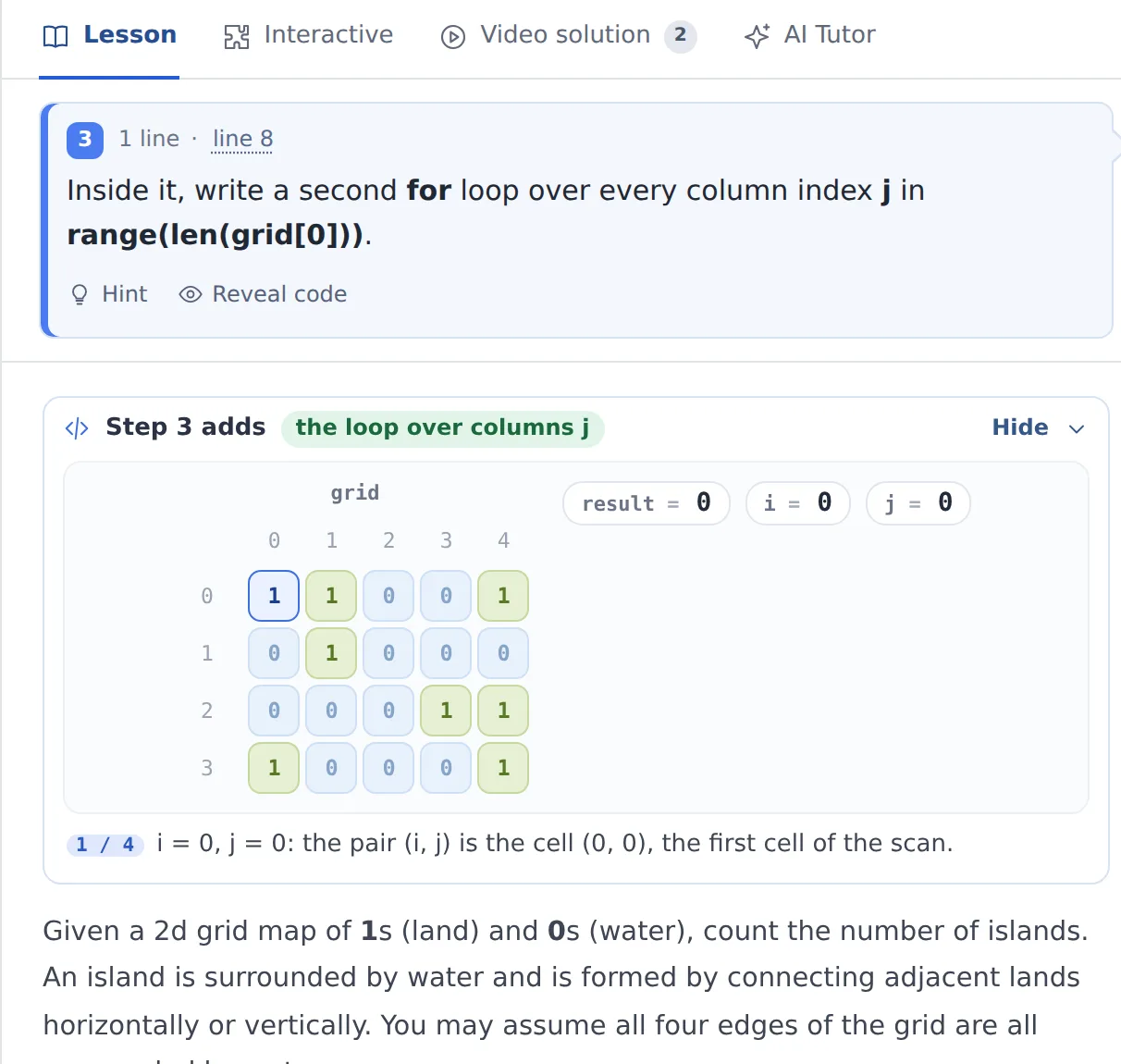 A lesson in AlgoCademy: the step to write, and a picture of what the new line does to the example