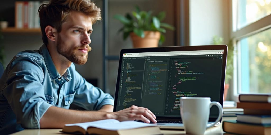 Young engineer at laptop in modern office setting.