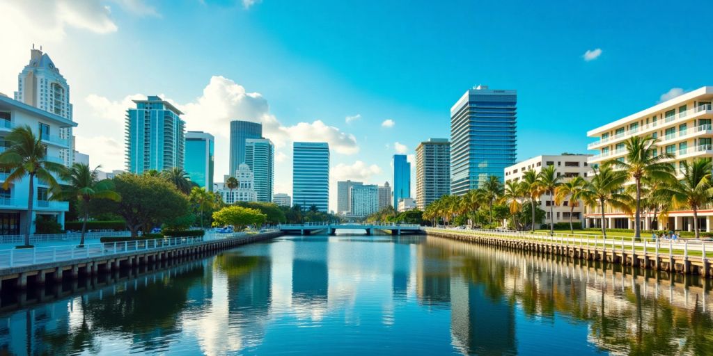 Sarasota skyline with modern buildings and palm trees.