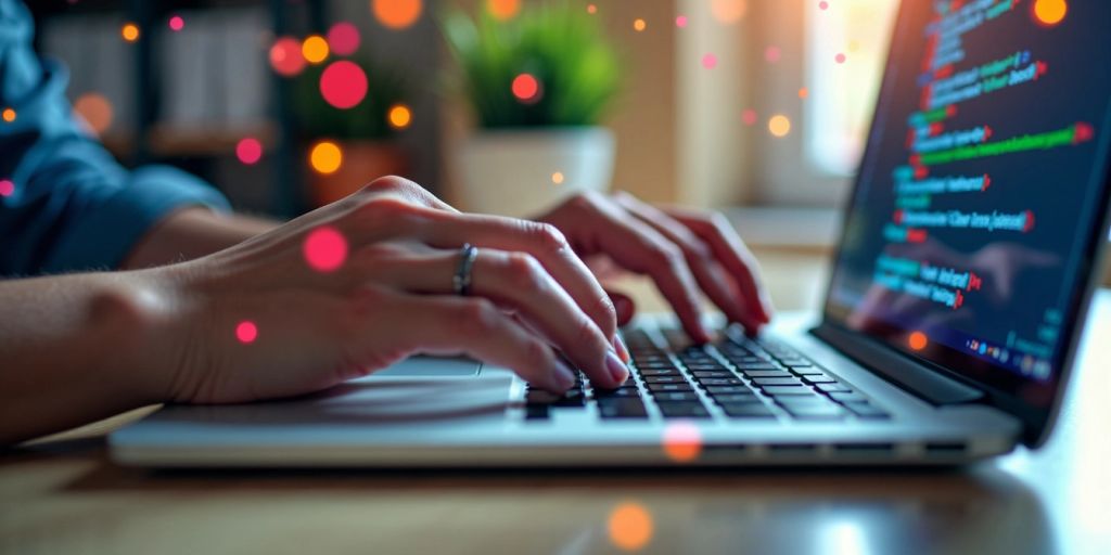 Hands typing on a laptop in a vibrant workspace.