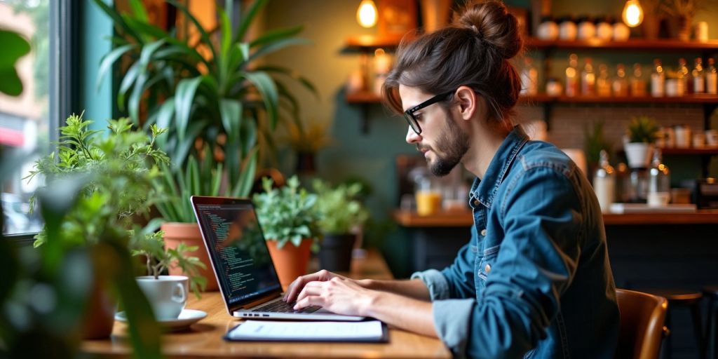 Person coding on a laptop in a coffee shop.