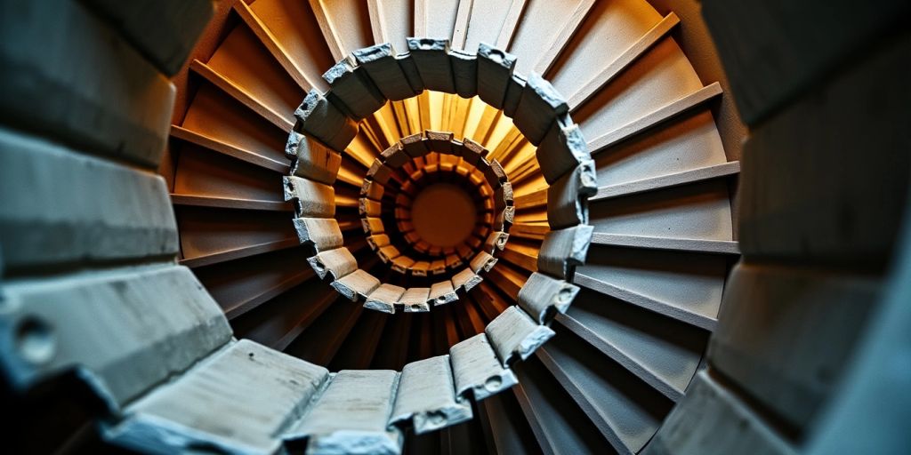 Spiral staircase with intricate patterns and shadows.