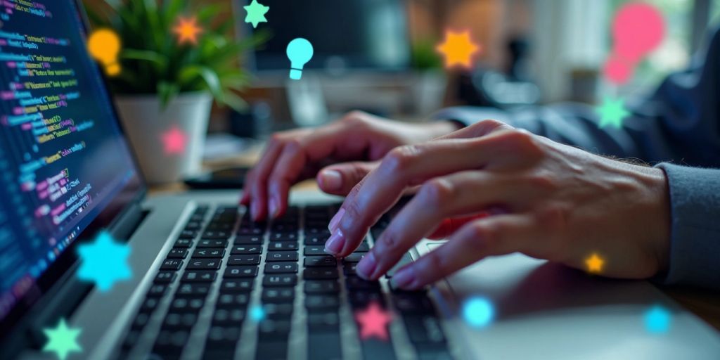 Hands typing on a laptop keyboard with coding symbols.