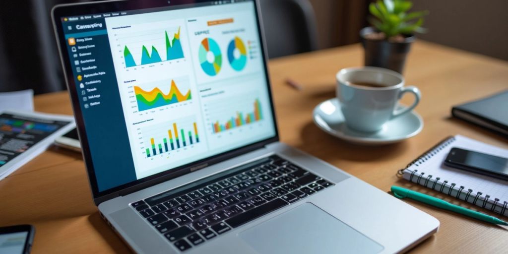 Laptop with data visualizations on a wooden desk.