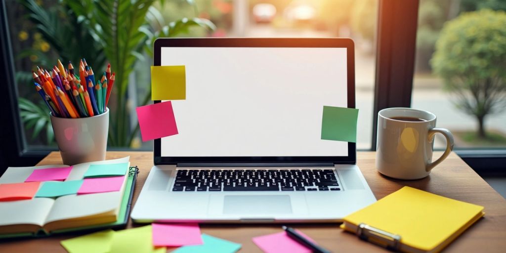 Colorful workspace with laptop and coffee cup.