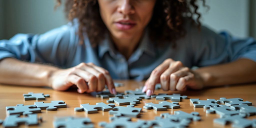 Person solving a puzzle with scattered pieces around.