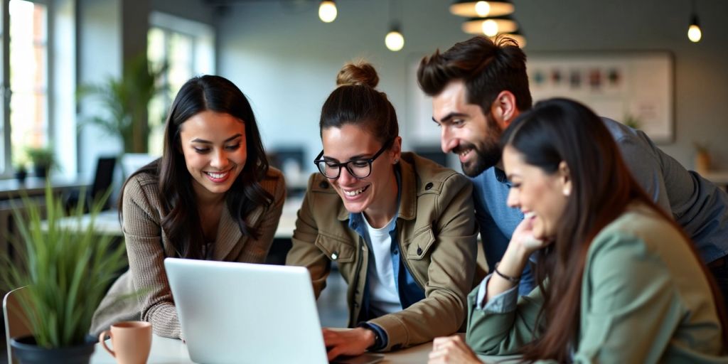 Group of young professionals collaborating on a laptop.