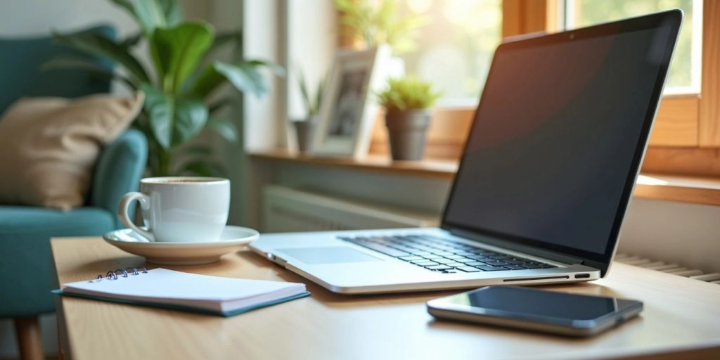 Workspace with laptop, coffee cup, and notepad.