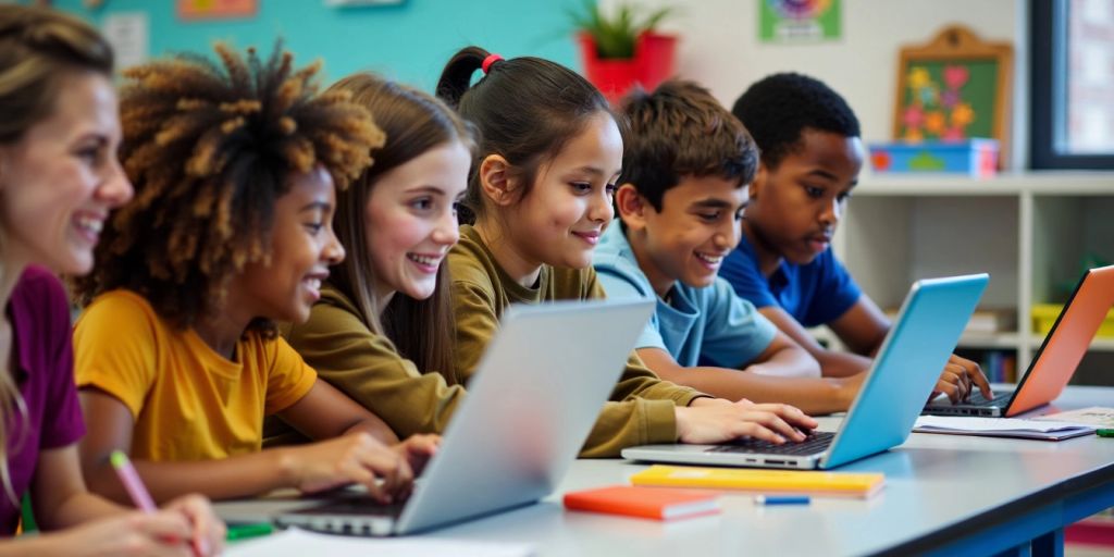 Students coding together in a vibrant classroom environment.