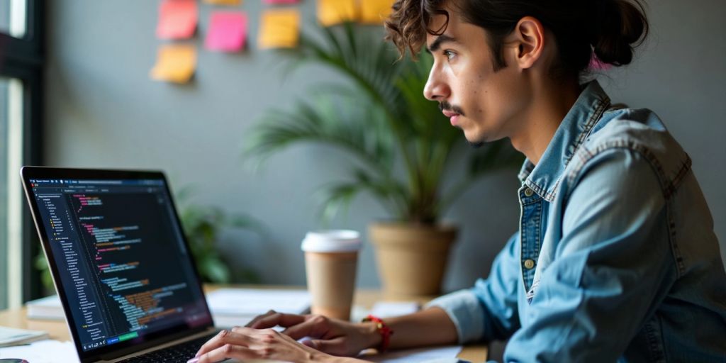 Person coding on a laptop with notes and coffee.