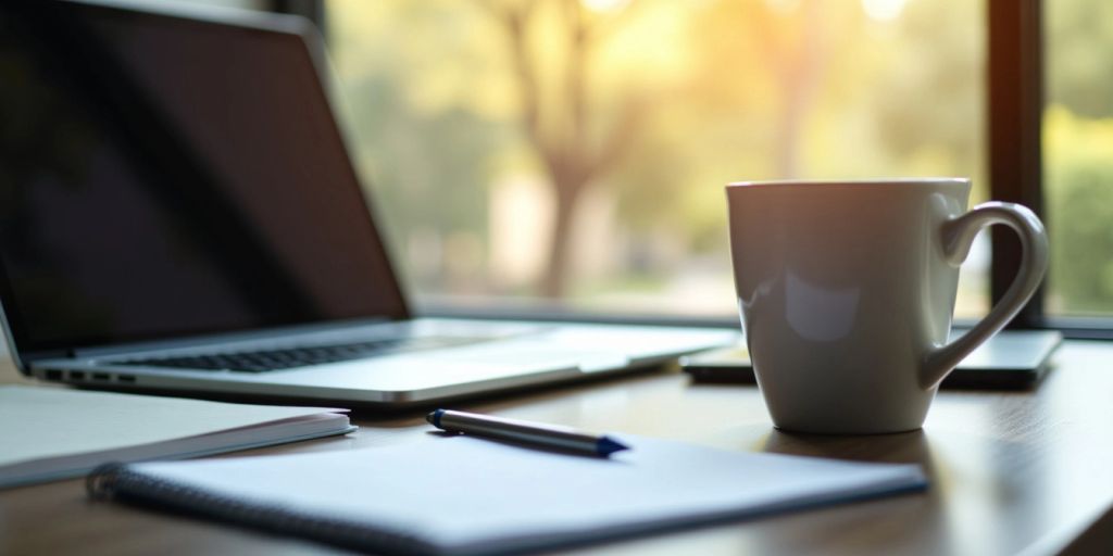 A workspace with a laptop, notepad, and coffee.