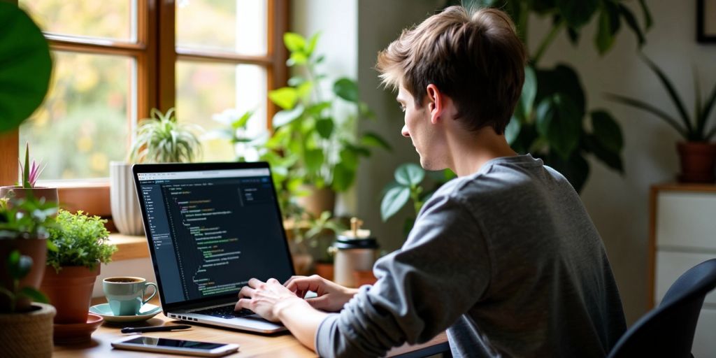 Person coding at home with laptop and plants.