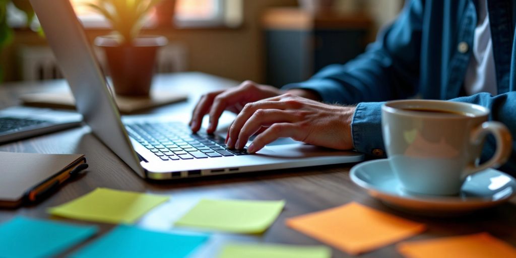 Developer coding on a laptop with colorful sticky notes.