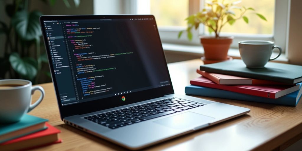 A Chromebook on a desk with books and coffee.