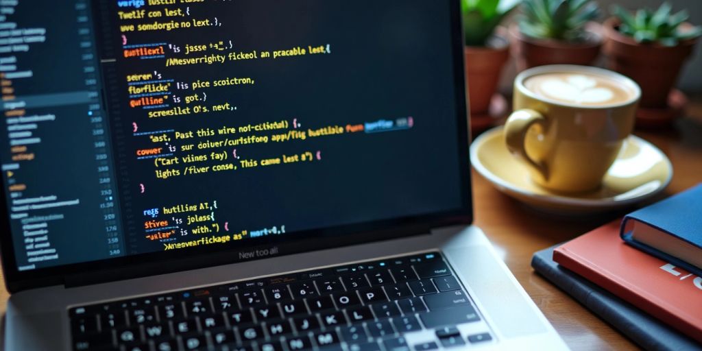 Laptop with coding snippets and books on a desk.