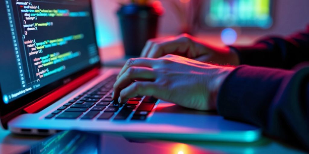 Developer typing on laptop in a vibrant workspace.