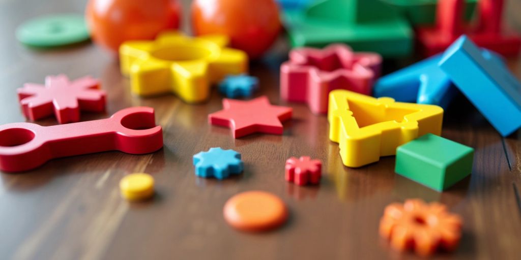 Colorful sorting tools on a wooden surface.