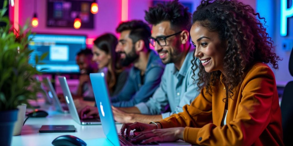 Group of people coding together in a modern workspace.