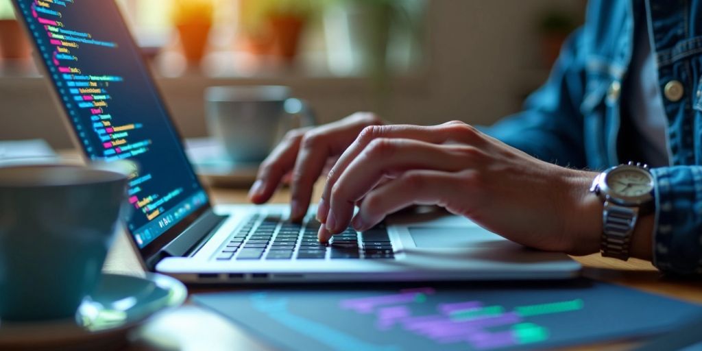 Programmer typing on laptop with colorful coding snippets.