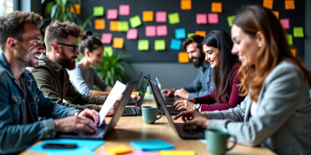 Diverse individuals coding in a vibrant workspace with laptops.