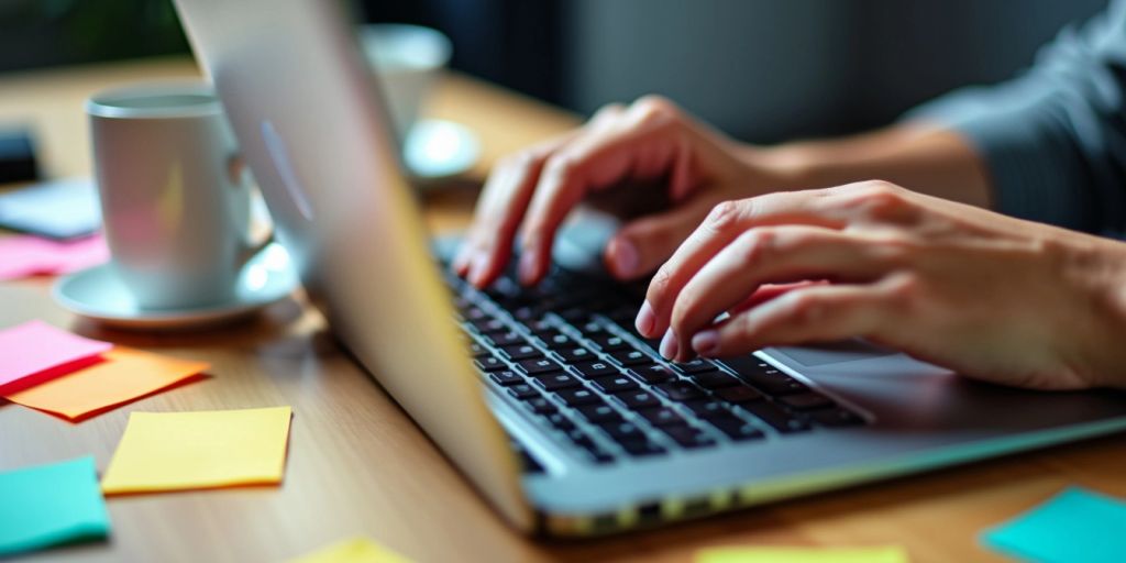 Hands typing on a laptop with sticky notes and coffee.