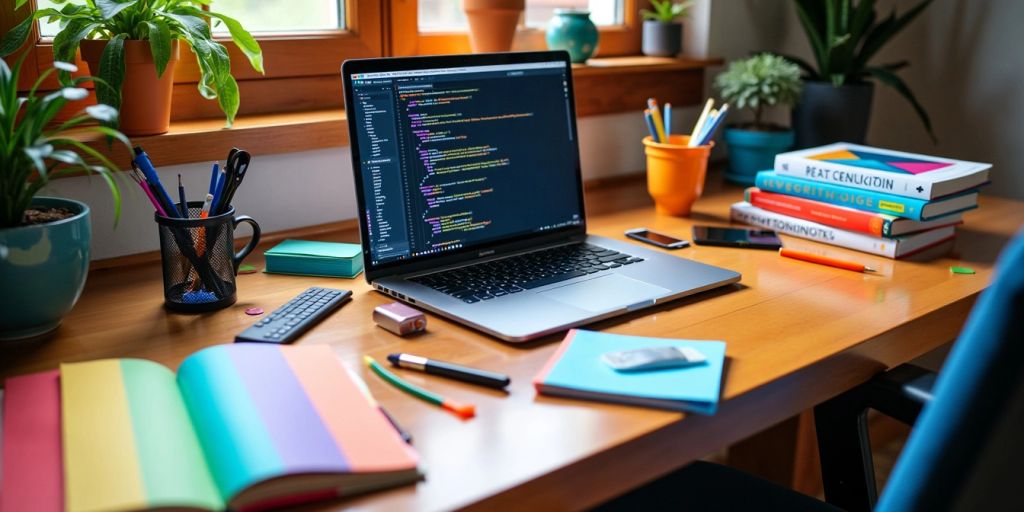 Colorful coding workspace with laptop and tools.