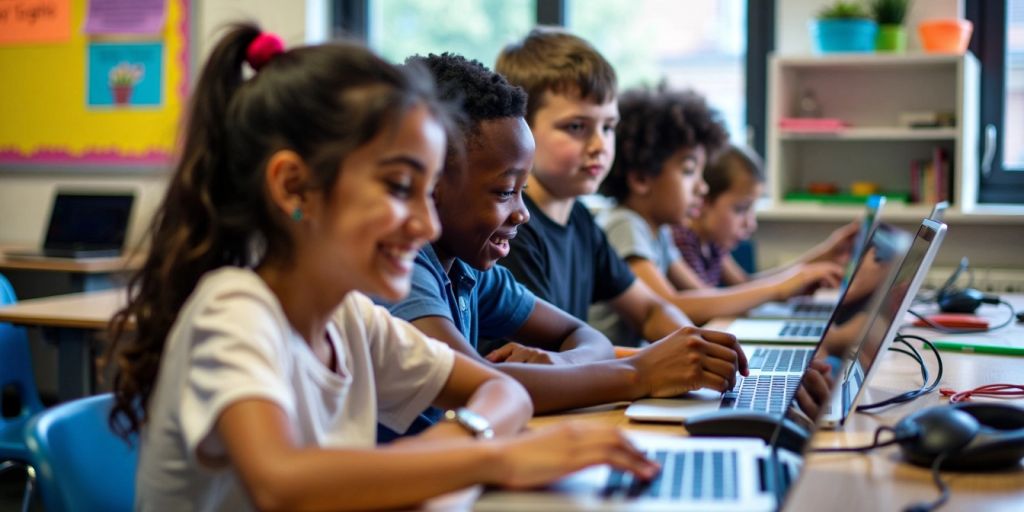 Students coding on laptops in a vibrant classroom setting.