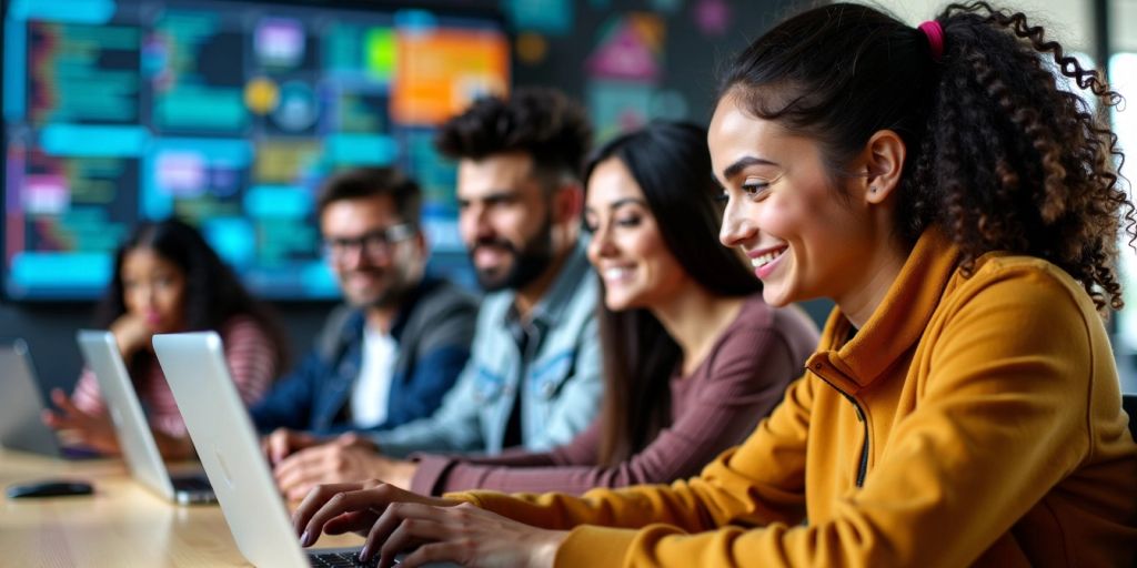 Diverse individuals coding together in a modern workspace.