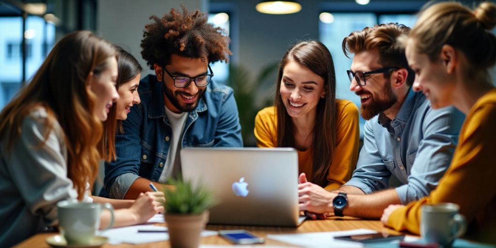 Group of young professionals collaborating on a laptop.