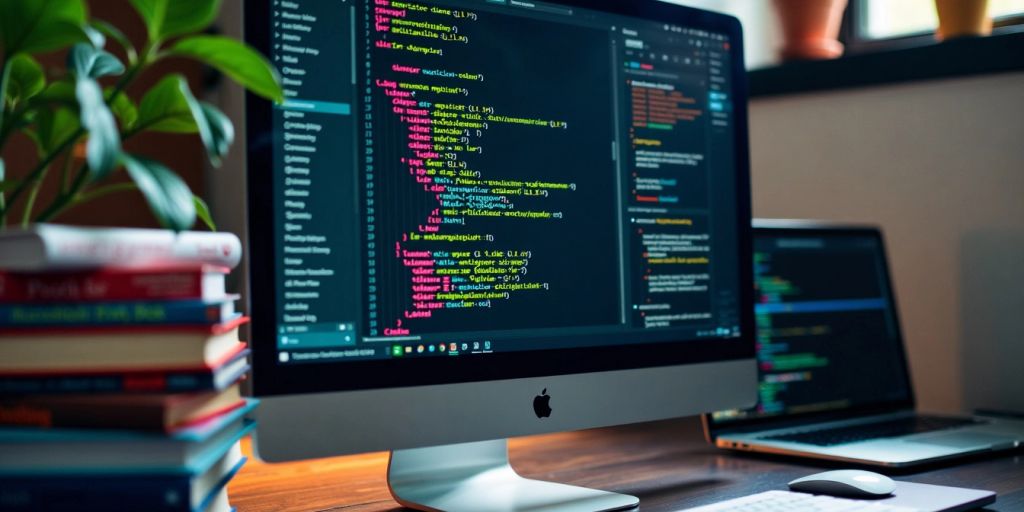 Computer screen with code snippets and programming books.
