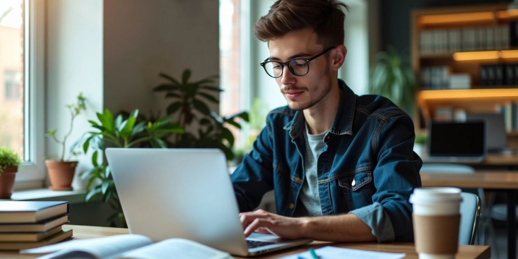 Young professional coding on a laptop in an office.