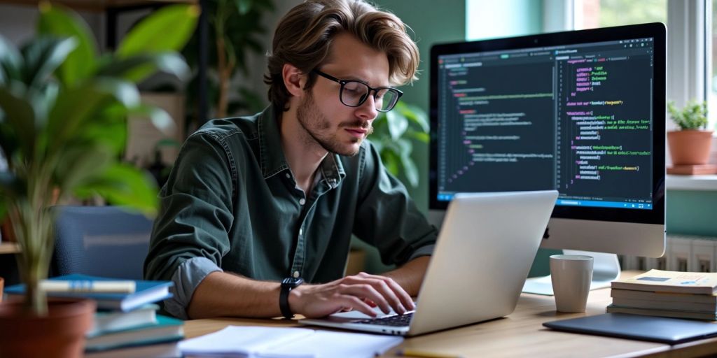 Person coding in Go language at a desk.