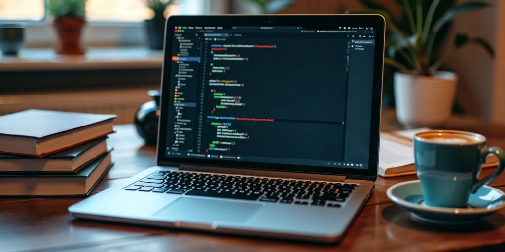 Laptop with code, books, and coffee on desk.