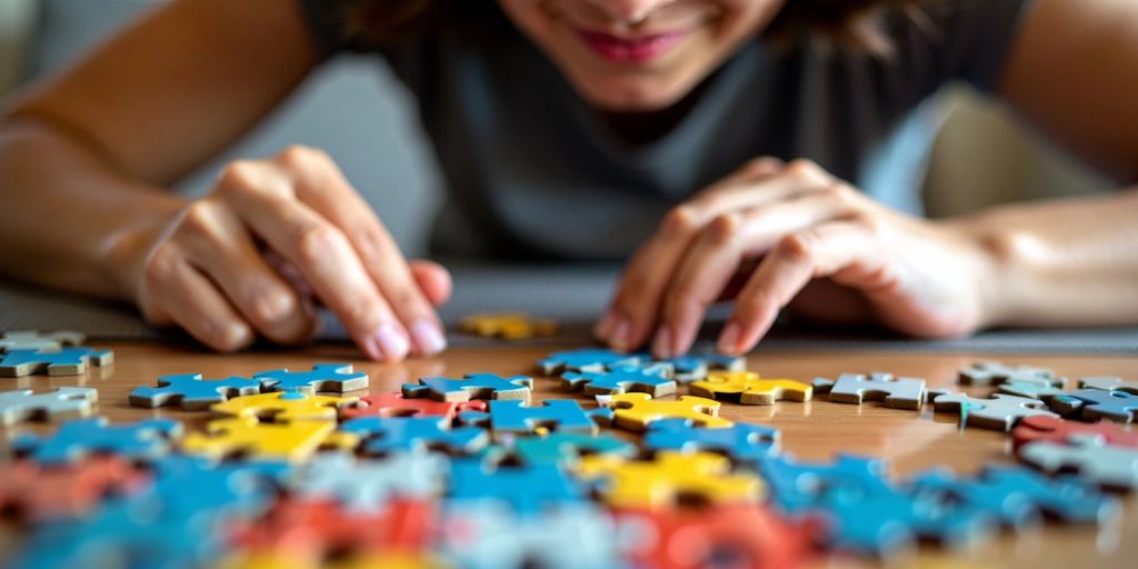 Person solving a colorful puzzle with focused expression.