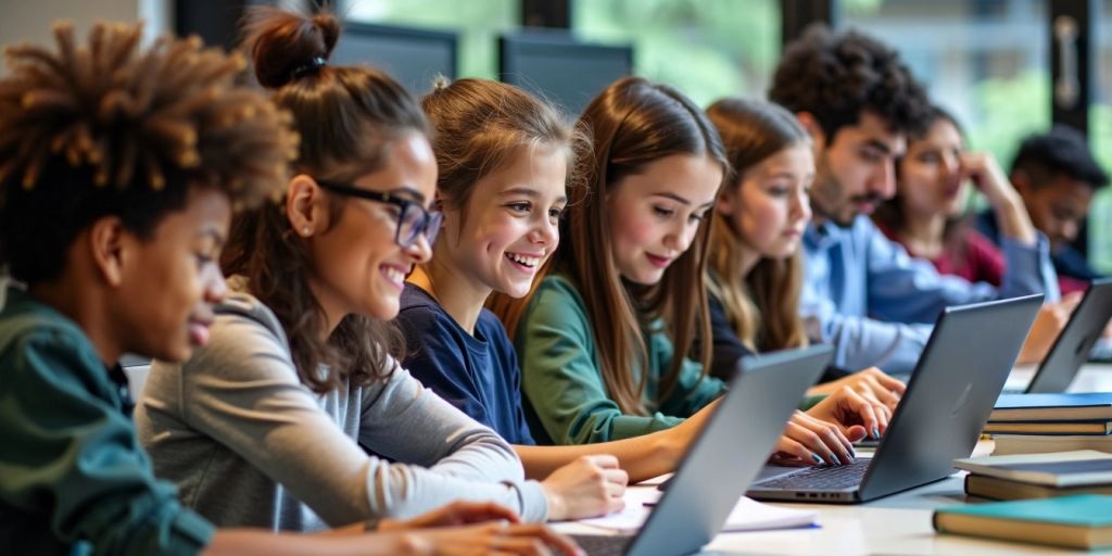 Students coding on laptops in a modern classroom.