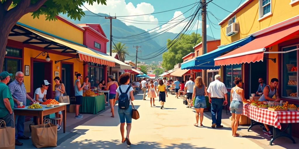 Colorful local market with shops and people interacting.