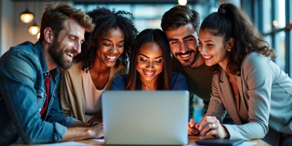 Group of young professionals collaborating on a laptop.