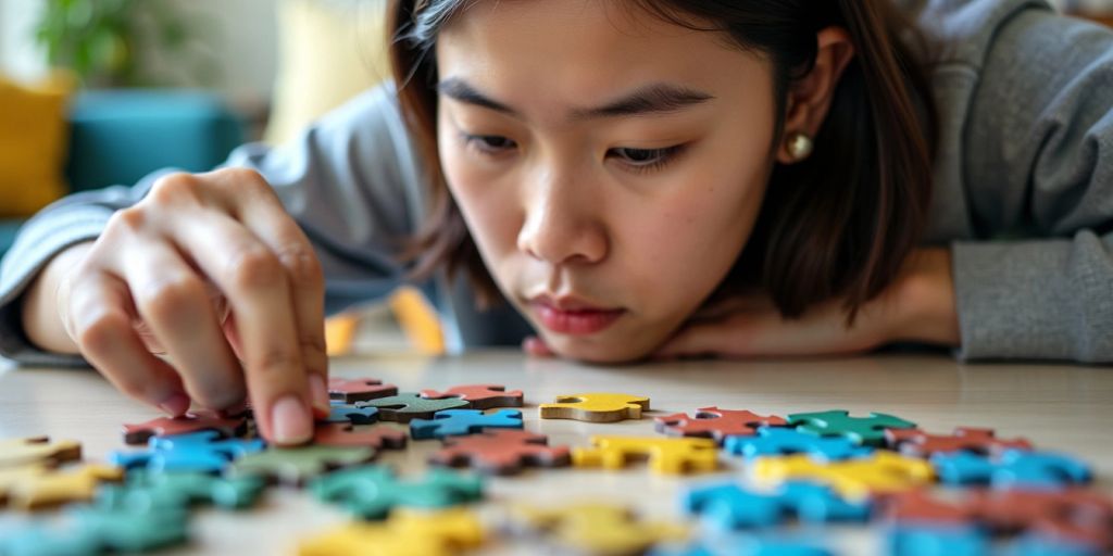 Person assembling a colorful puzzle pieces.