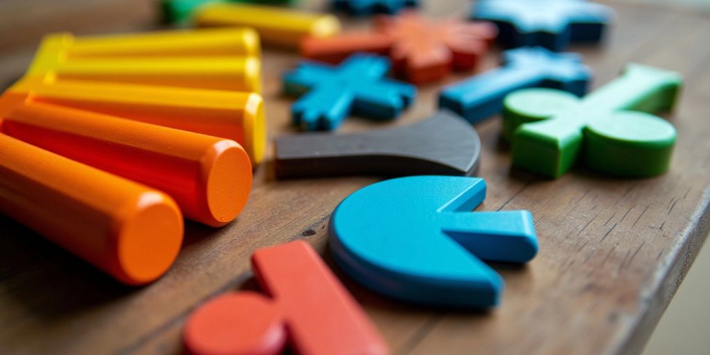 Colorful sorting tools on a wooden surface.