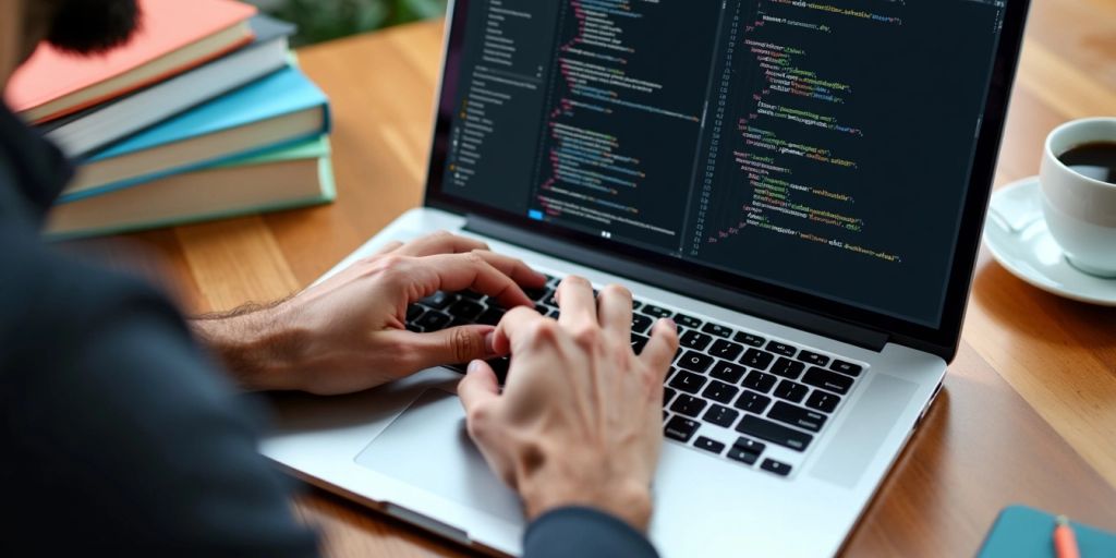 Hands typing on a laptop keyboard with coding books.