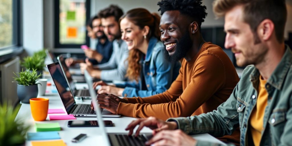 Group of people coding on laptops in a bright workspace.