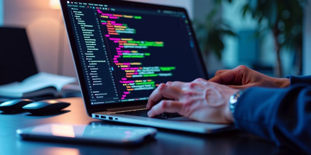 Developer typing on laptop in a modern workspace.