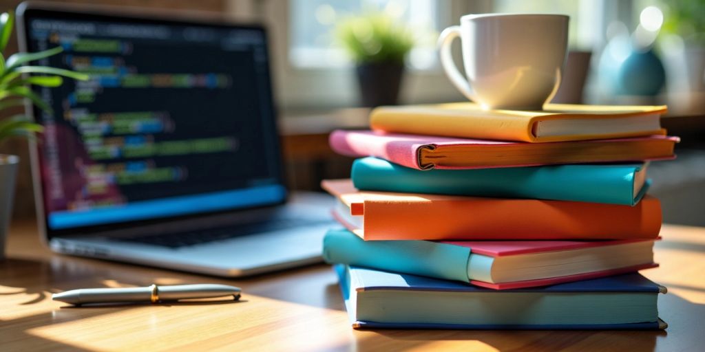 Stack of coding books on a desk with a laptop.