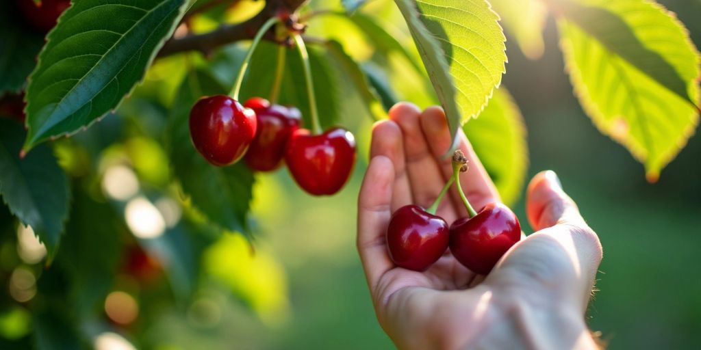 Hand picking cherries from a tree.