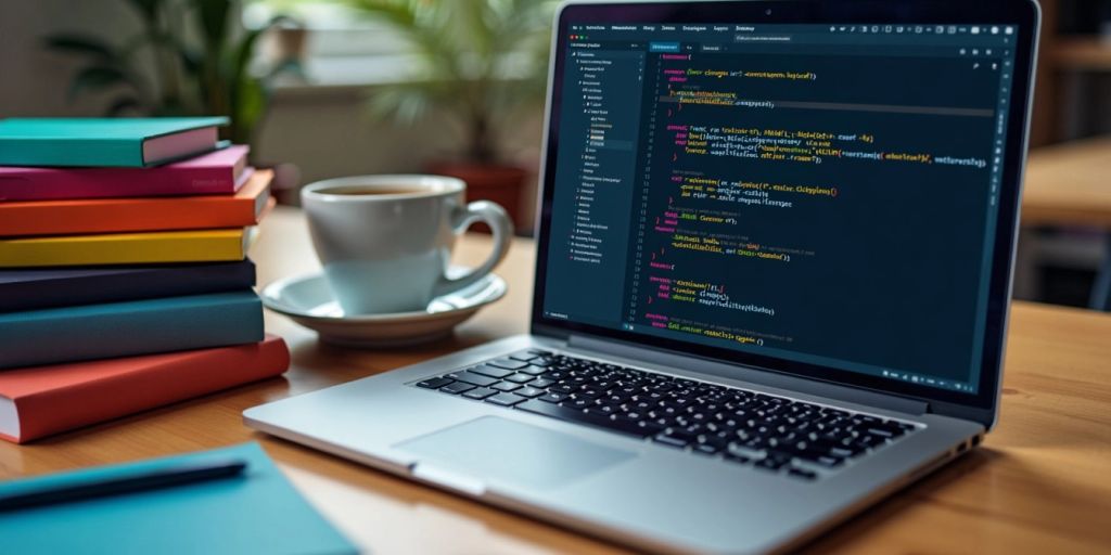 Laptop with code, programming books, and coffee cup.