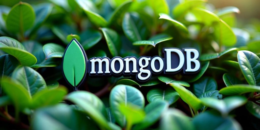 MongoDB logo amidst green leaves.