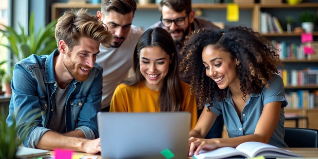 Group of young programmers collaborating around a laptop.