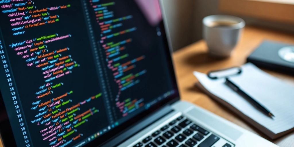 Laptop displaying code snippets with a notepad and coffee.